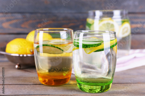 Fresh water with lemon and cucumber in glassware