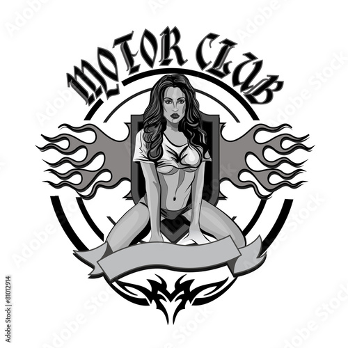 Vintage motorcycle garage motor club emblem with sexy girl