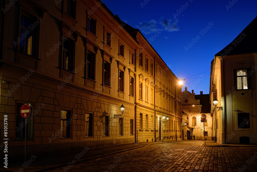 Zagreb Upper Town cobblestone street at dusk