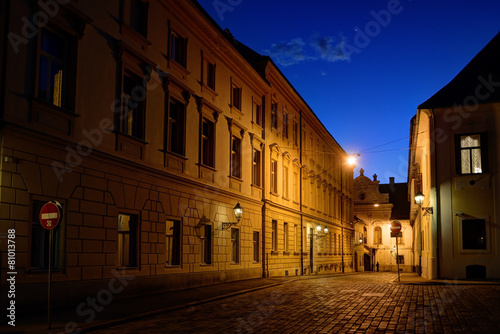 Zagreb Upper Town cobblestone street at dusk