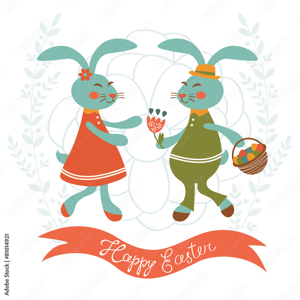 Easter card with cute rabbits couple