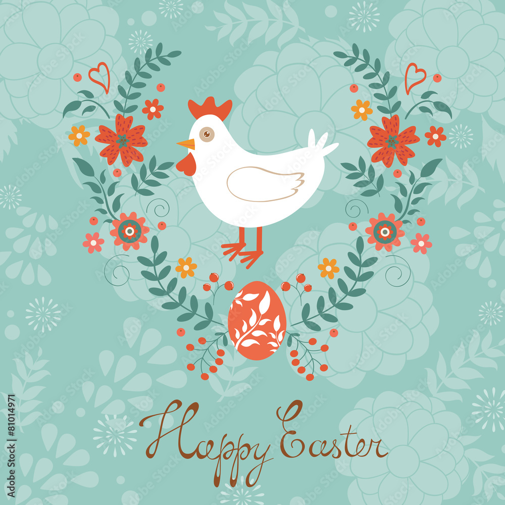 Cute Easter card with chicken in floral wreath