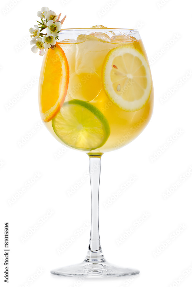 Full glass of fresh cool tonic with fruits isolated on white Full glass of fresh cool tonic with fruits isolated on white