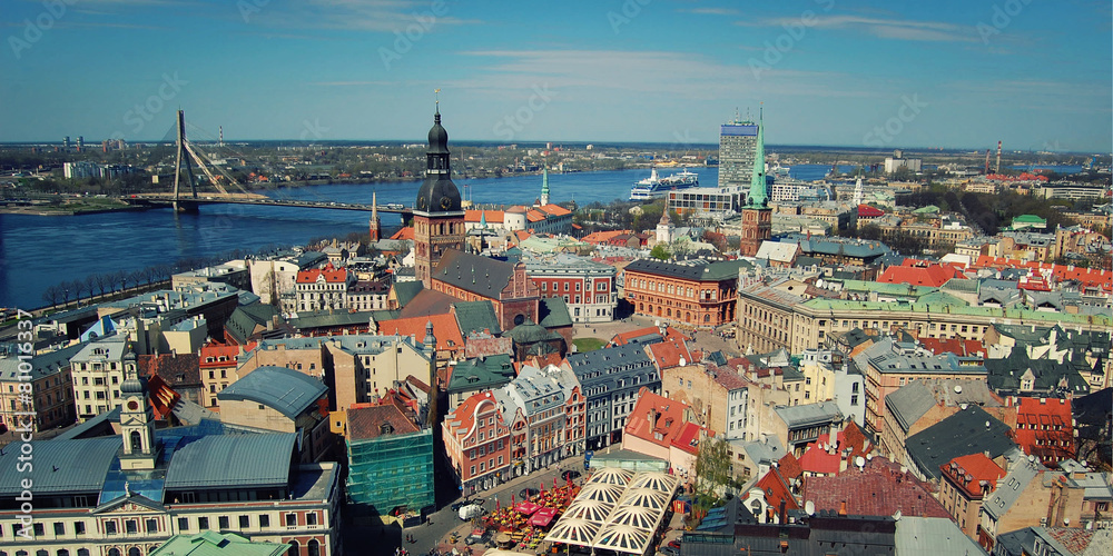 Fototapeta premium Panorama over Riga from St. Peter's Church - toned effect. Latvi