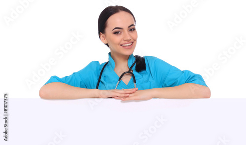Medical doctor woman show empty blank
