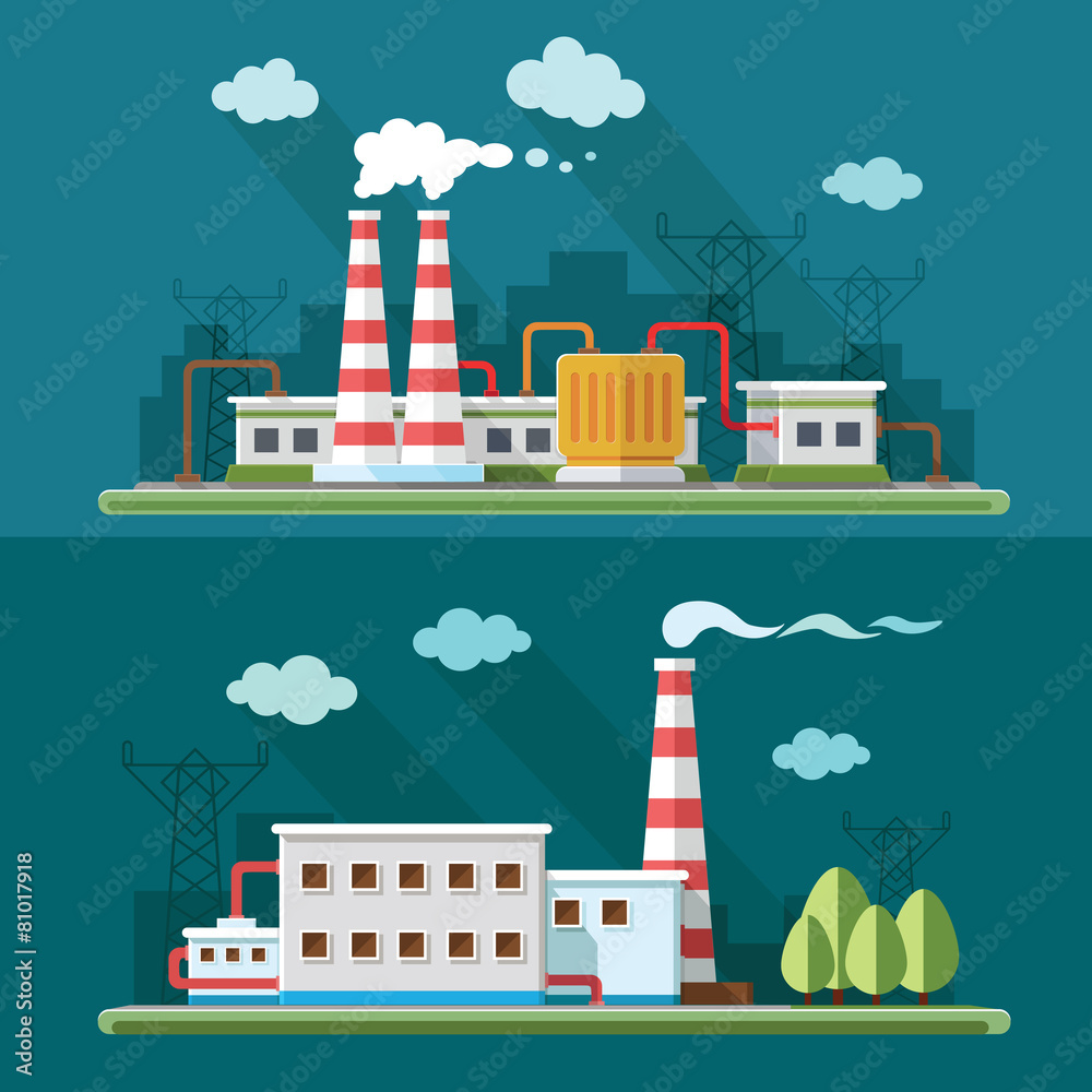 Industrial landscape set - industry factory. Flat style vector i