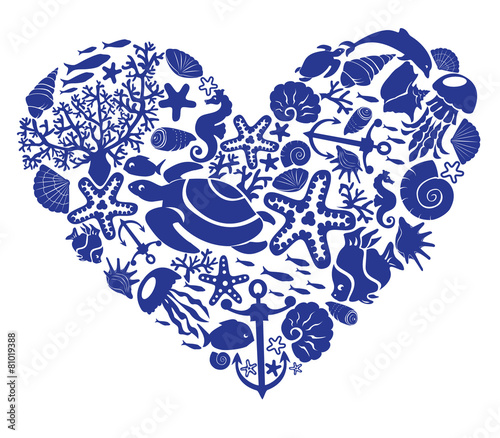 Photography Heart is made of fishes, korals, shells, starfishes, dolphins, s