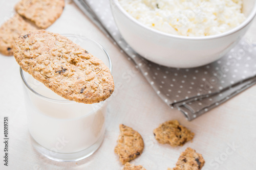 Healthy breakfast with cottage cheese  grain cookies  milk