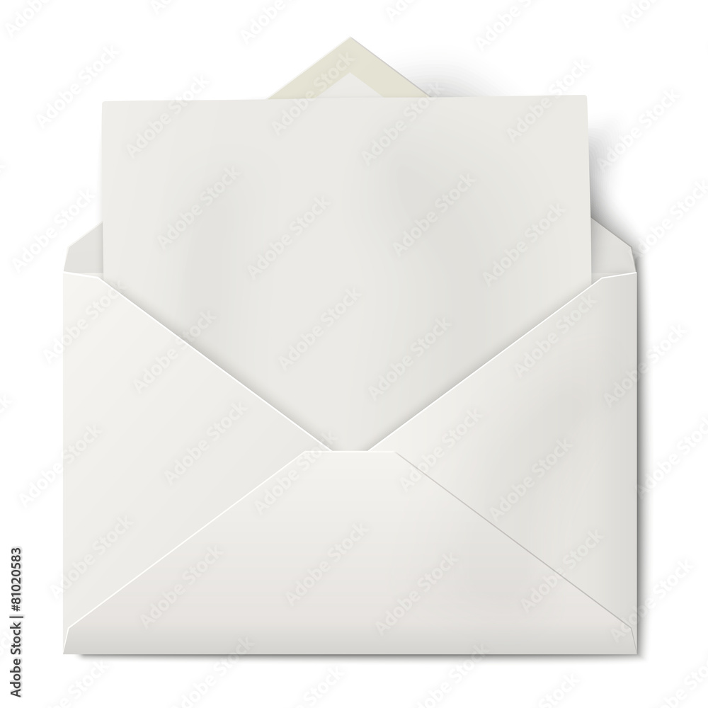 White opened envelope with sheet of paper inside isolated White opened envelope with sheet of paper inside isolated