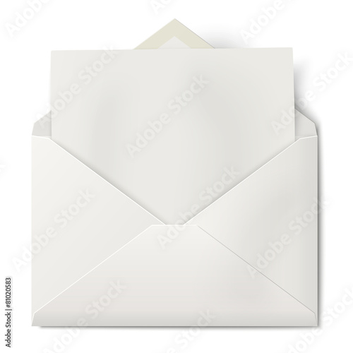 White opened envelope with sheet of paper inside isolated