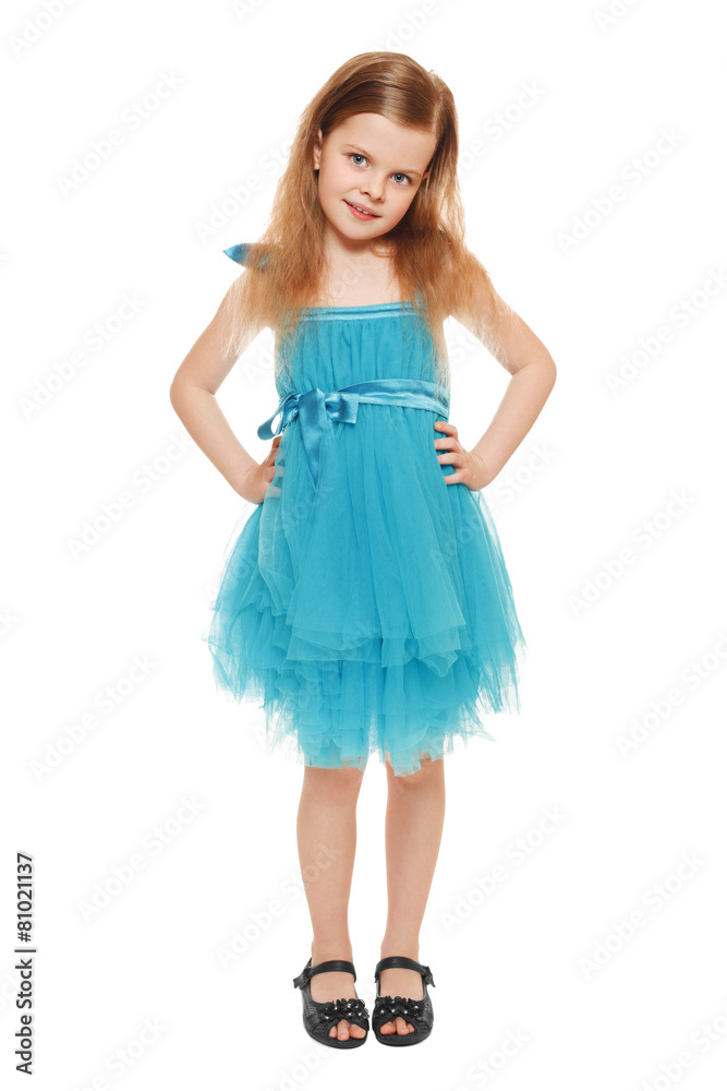 Full length a adorable little girl in blue dress, isolated