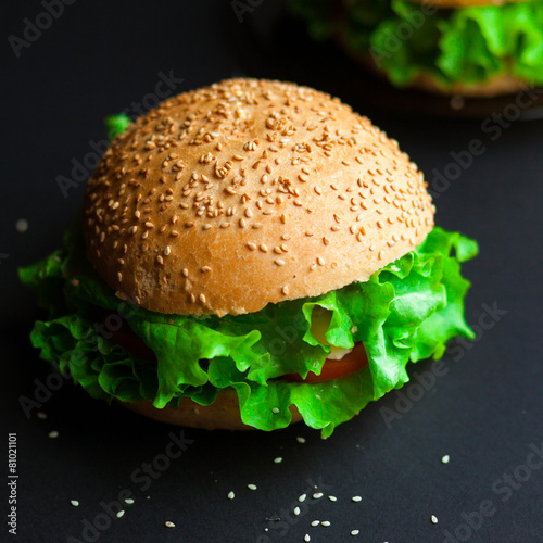 Homemade hamburger with fresh green lettuce, tomato and red onio