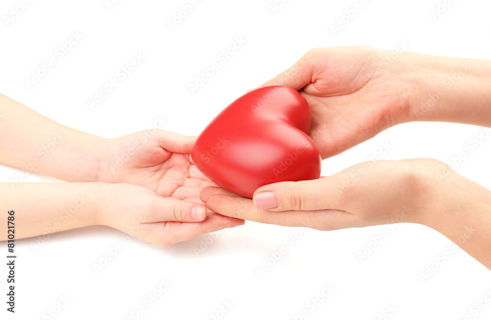 Heart in child and mother hands isolated on white Heart in child and mother hands isolated on white