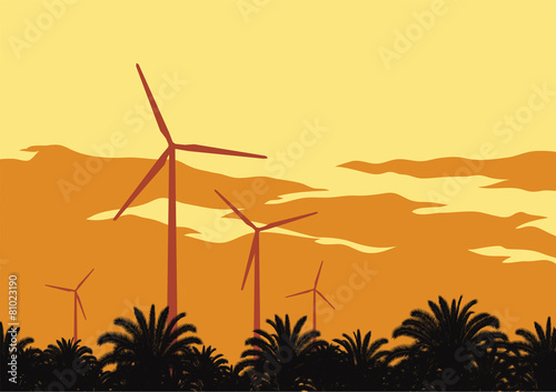 Wind turbines and orange sky