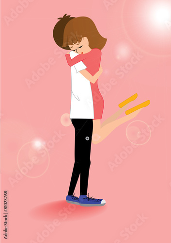 Young couple hug in love making on pink background
