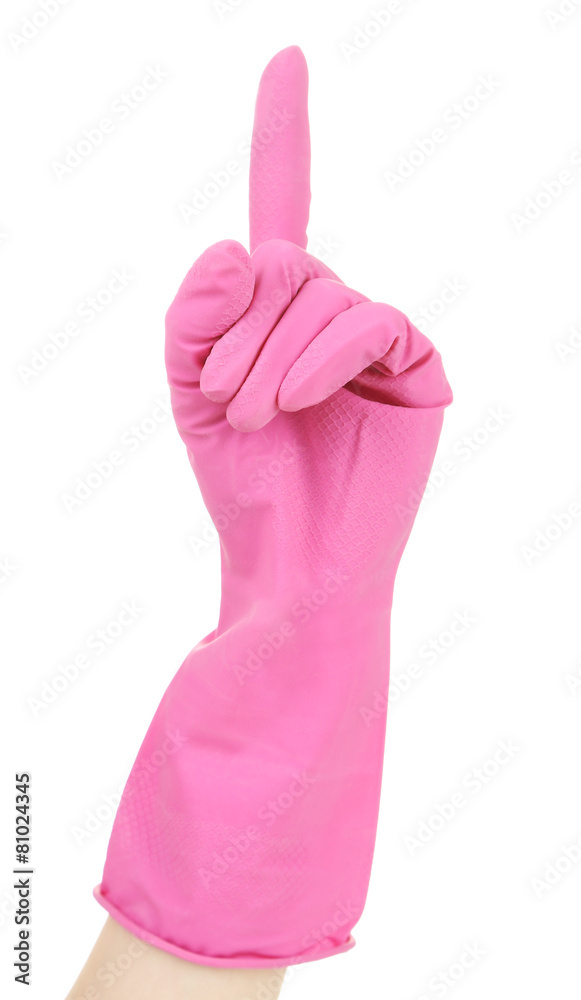 Rubber glove on hand, isolated on white Rubber glove on hand, isolated on white