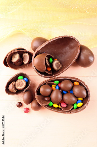 Chocolate Easter eggs on wooden table, closeup