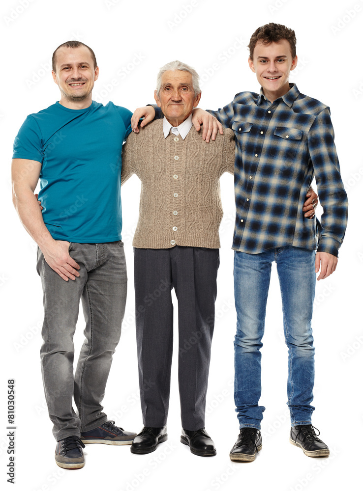 Fototapeta premium Grandfather, son and grandson isolated on white