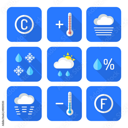 colored flat style weather forecast icons set.