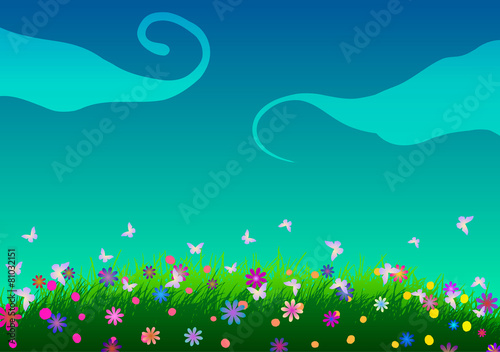 Spring. Green meadow, butterflies and flowers.