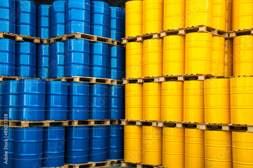 Blue and yellow oil drums