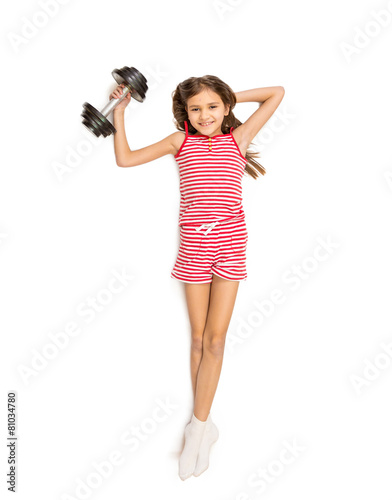 Shot from high point view of girl doing exercise with dumbbell