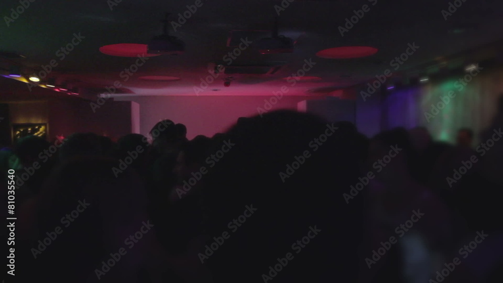 Excited crowd partying at club, light effects on background Excited crowd partying at club, light effects on background