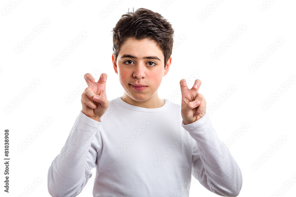 Acne Caucasian boy bend fingers raising hands as quotes gesture Acne Caucasian boy bend fingers raising hands as quotes gesture