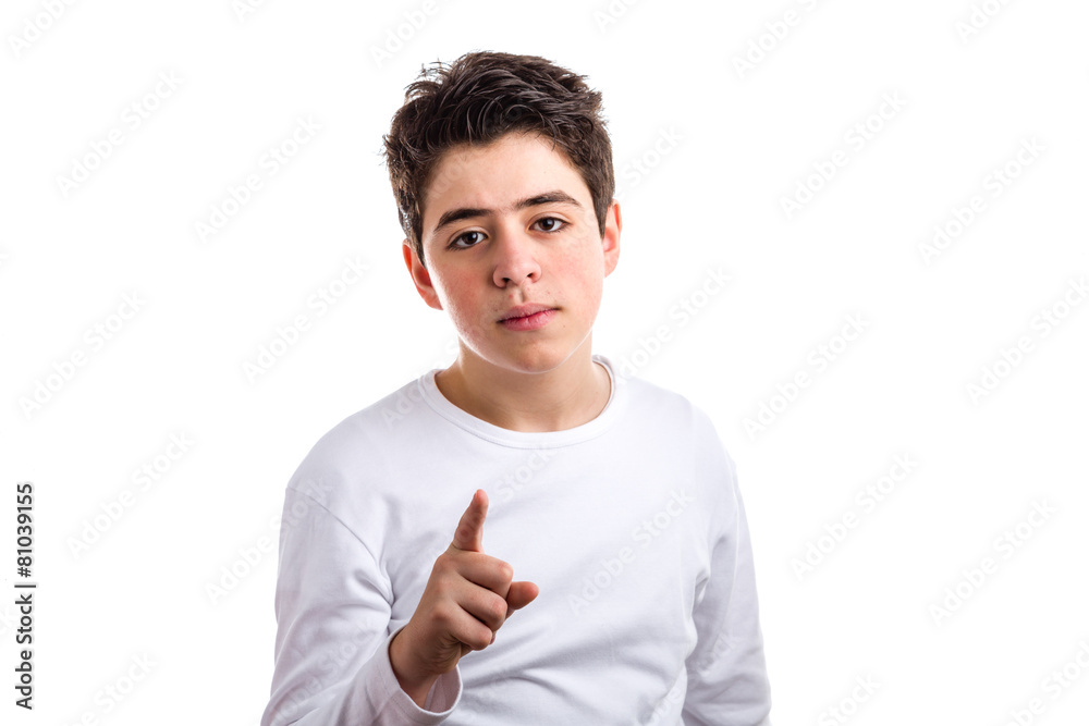 Acne Caucasian boy pointing with right index finger Acne Caucasian boy pointing with right index finger