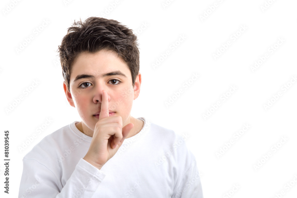 Be silent gesture by smooth-skinned Caucasian teenager Be silent gesture by smooth-skinned Caucasian teenager