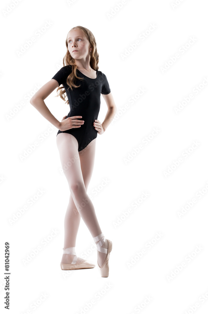 Cute little ballerina warms up, isolated on white Cute little ballerina warms up, isolated on white