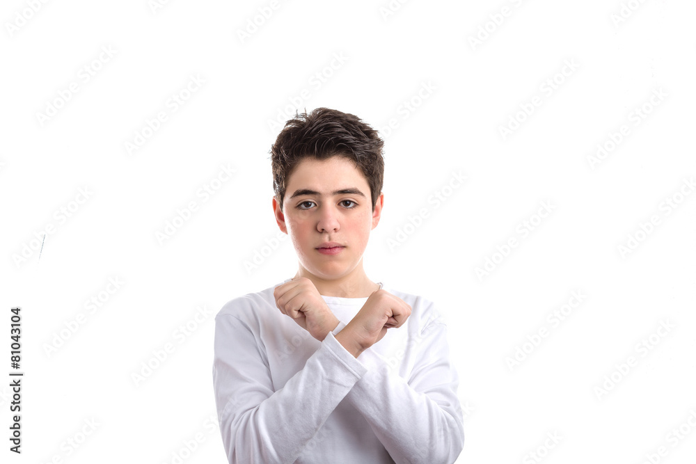 Caucasian Smooth-skinned boy placing two fingers on left wrist Caucasian Smooth-skinned boy placing two fingers on left wrist