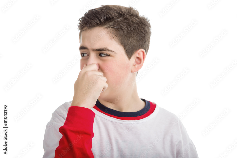 Caucasian smooth-skinned boy plugging his nose Caucasian smooth-skinned boy plugging his nose