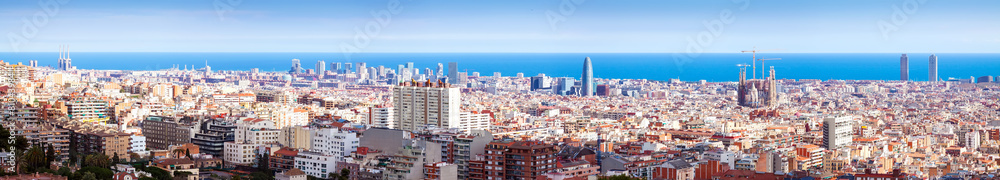 panorama of Barcelona and Mediterranean Sea in sunny day