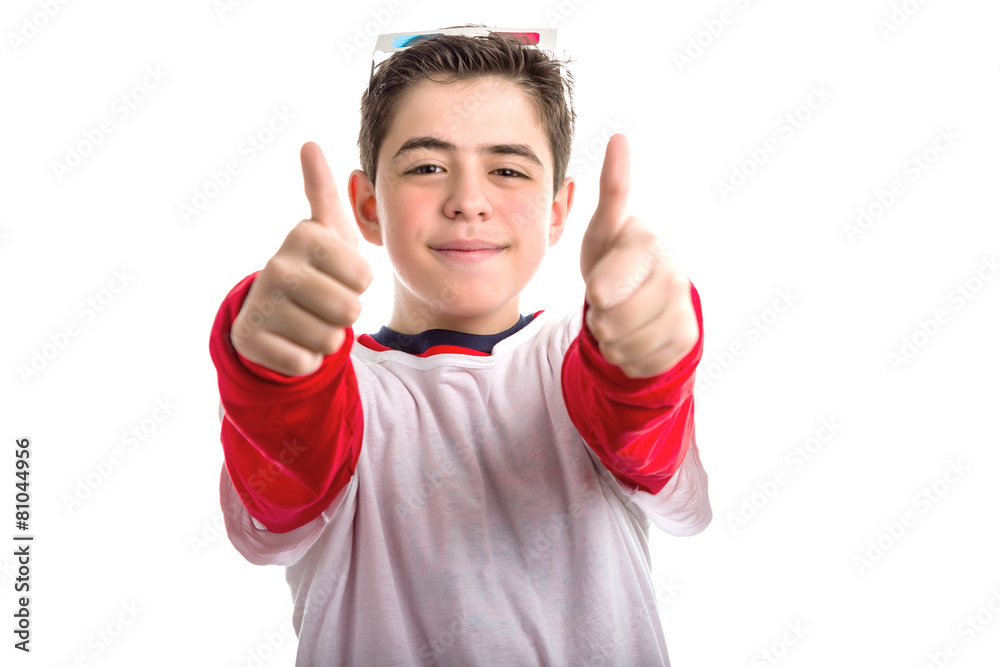 Caucasian smooth-skinned boy wears 3D glasses and makes thumbs u Caucasian smooth-skinned boy wears 3D glasses and makes thumbs u