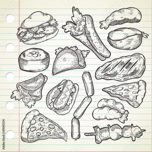 Set of various food in sketchy style