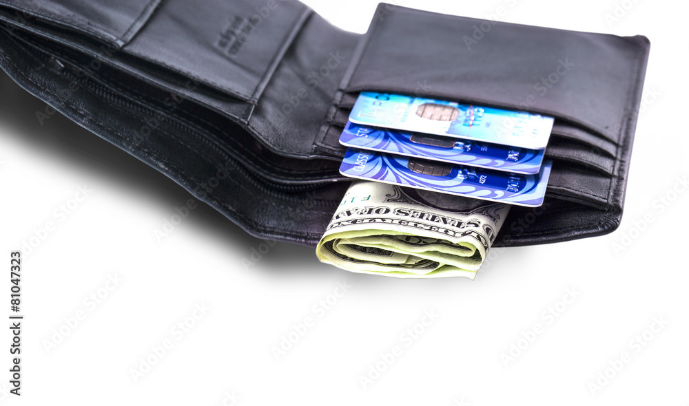 Purse with dollars and bank cards Purse with dollars and bank cards