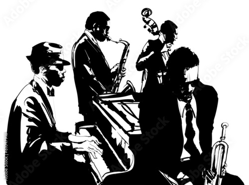 Jazz poster with saxophone, double-bass, piano and trumpet