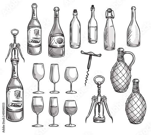 Set of wine bottles, glasses and corkscrews