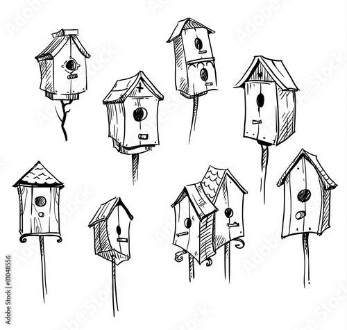 Set of hand drawn bird houses