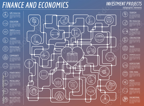 Economics and finance infographic. Investment projects. Banks. E