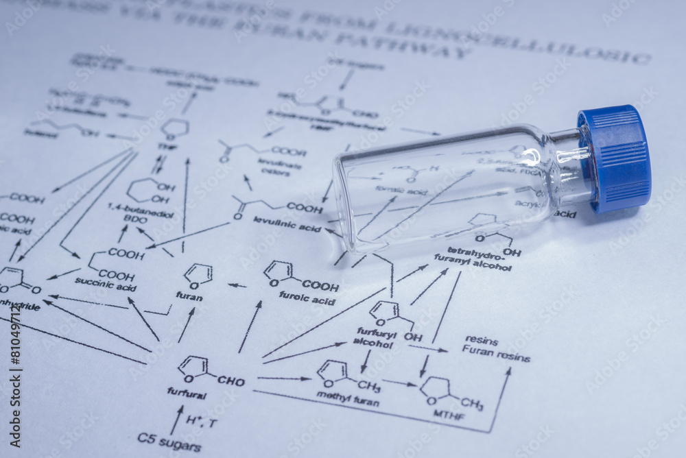 Sample vial on the paper of chemical formula Sample vial on the paper of chemical formula