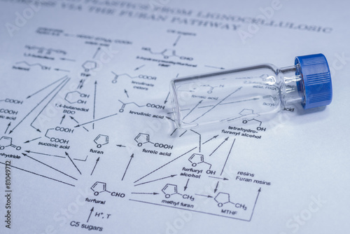 Sample vial on the paper of chemical formula photo
