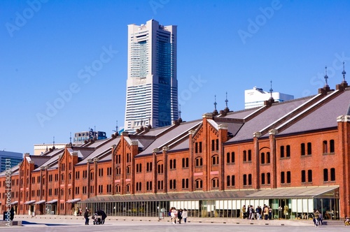 Yokohama white commercial building and warehouse,Blue background