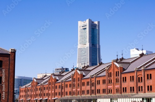 Yokohama white commercial building and warehouse,Blue background