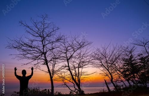 Silhouette man show his hand up in the air with dead tree at sun