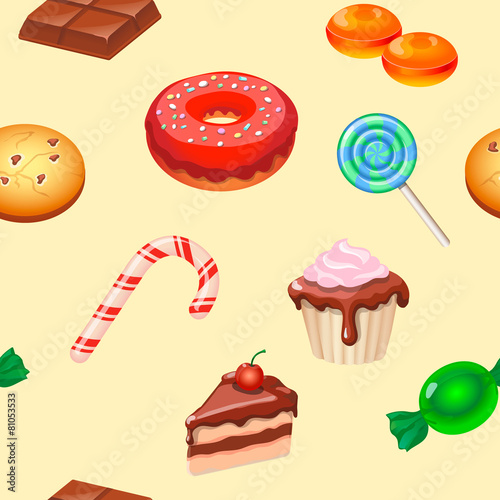 Seamless pattern colorful candy, sweets and cakes.