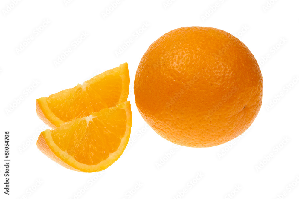 Orange fruit and two segments isolated on white background Orange fruit and two segments isolated on white background