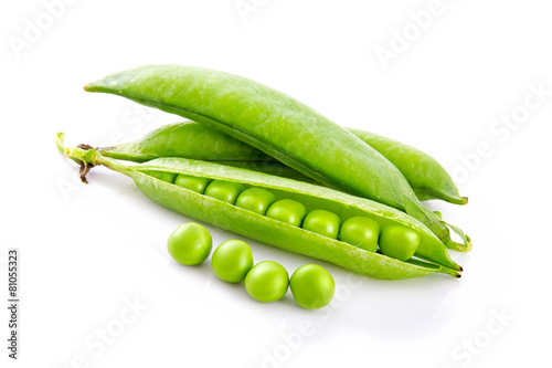 Fresh green pea pods and seeds isolated on white
