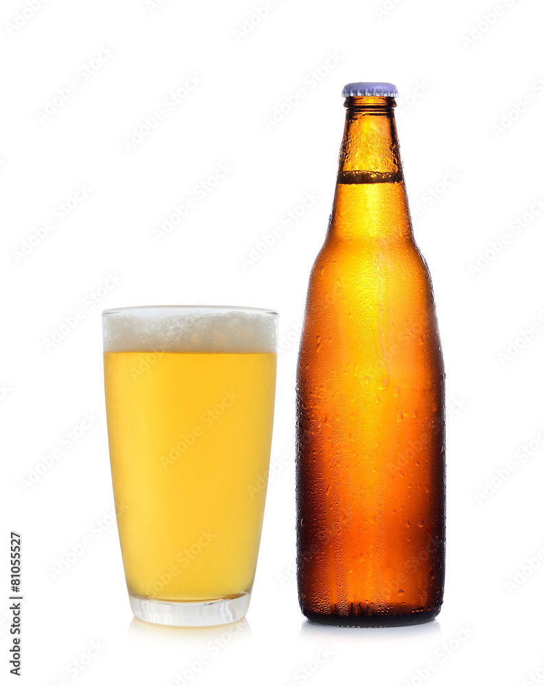 A bottle and glass of beer isolated on white A bottle and glass of beer isolated on white
